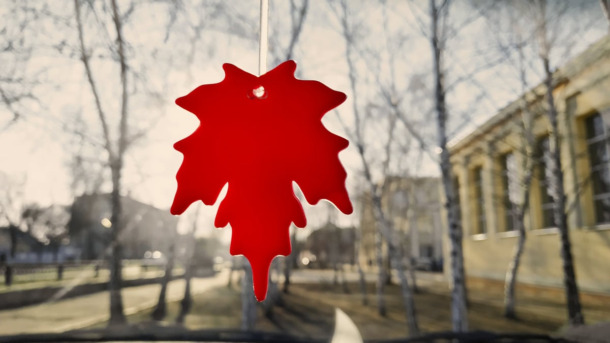Car air freshener on a blurry background with birches