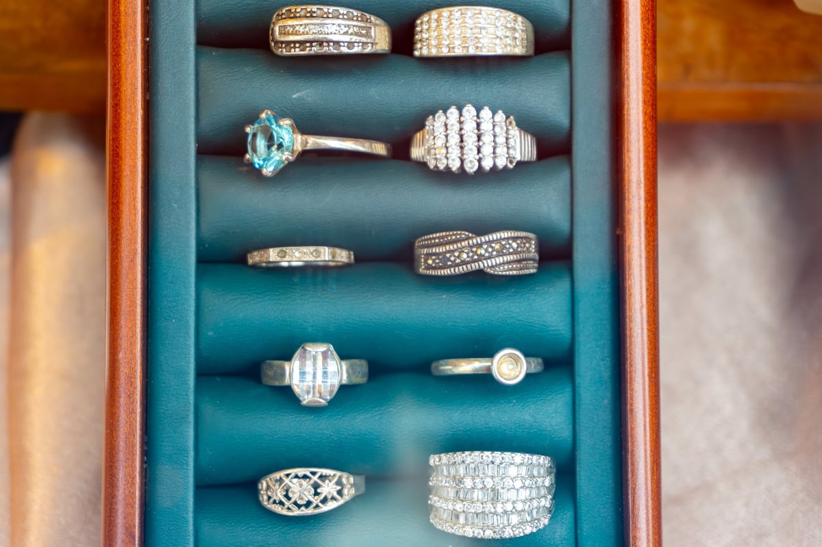 Set of silver rings with diamonds and gemstones