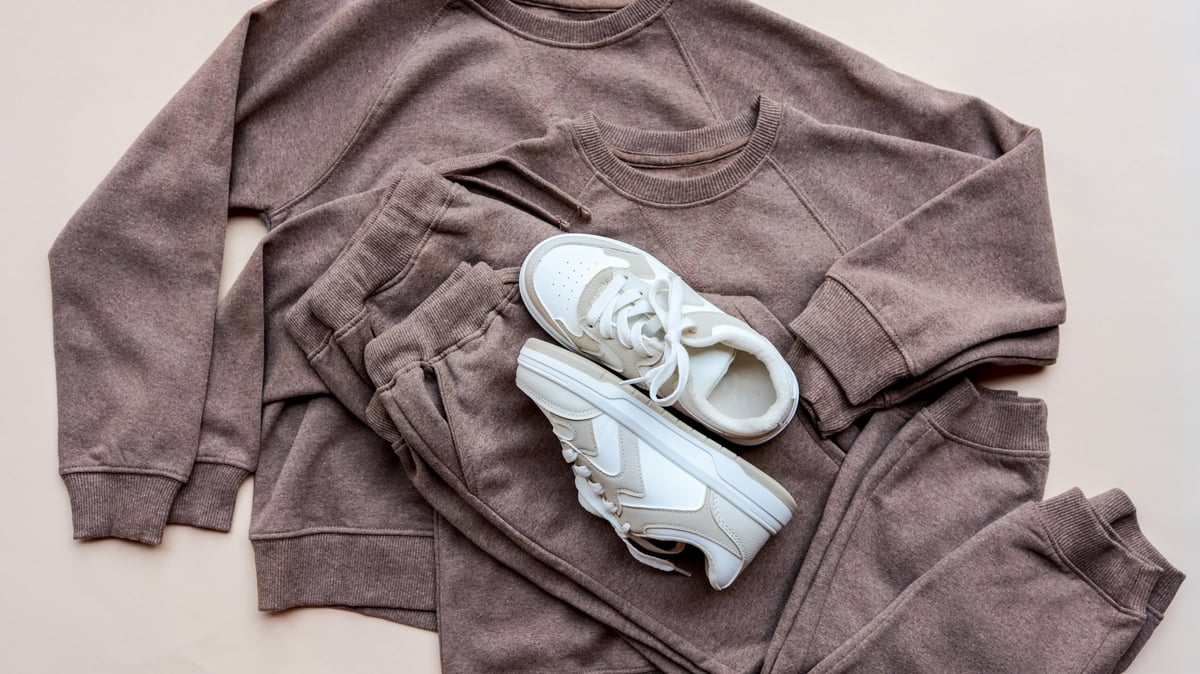 A cozy loungewear set in a neutral color paired with white sneakers