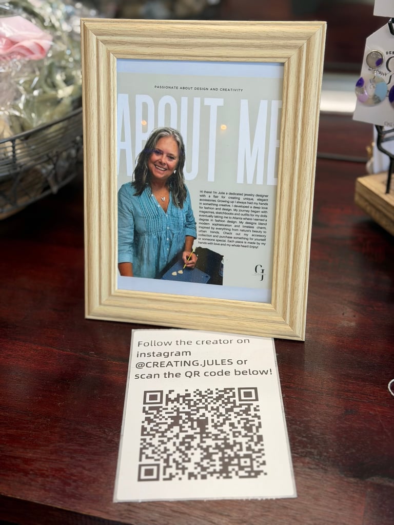 Framed magazine feature about a woman with long dark hair wearing a blue shirt, displayed with a QR code card for following on Instagram below