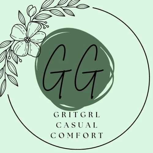 Logo for GRITGRL CASUAL COMFORT brand with GG monogram in green circle and botanical line drawing on mint background
