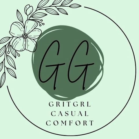 Logo for GRITGRL CASUAL COMFORT brand with GG monogram in green circle and botanical line drawing on mint background